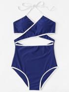 Romwe Contrast Piping Crossover Swimsuit