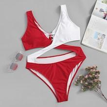 Romwe Two Tone Criss Cross Swimsuit