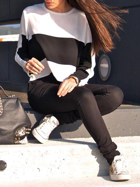 Romwe White Color Block Crew Neck T-shirt