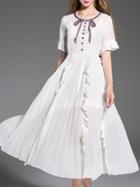 Romwe White Beading Ruffle Pleated A-line Dress