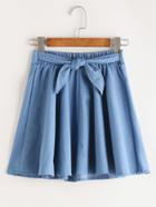Romwe Tie Front Pleated Denim Skirt