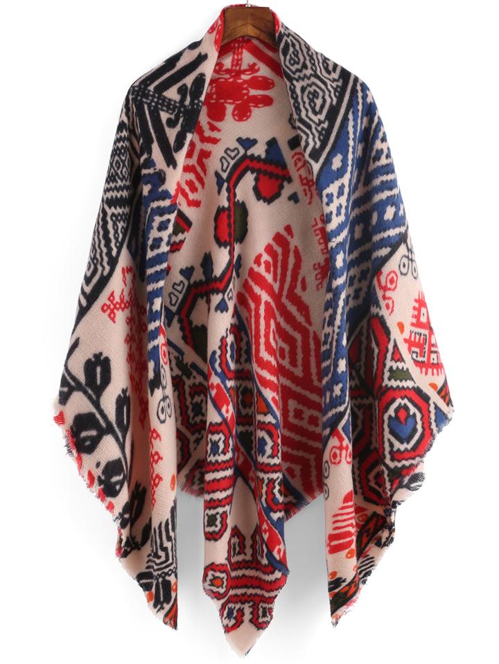 Romwe Leaves Print Fringe Red Scarf