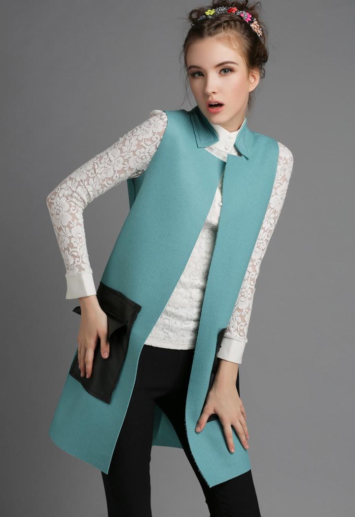 Romwe Green Stand Collar Sleeveless Slim Pockets Coat