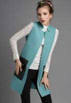 Romwe Green Stand Collar Sleeveless Slim Pockets Coat