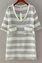 Romwe V Neck With Pocket Striped Grey Dress