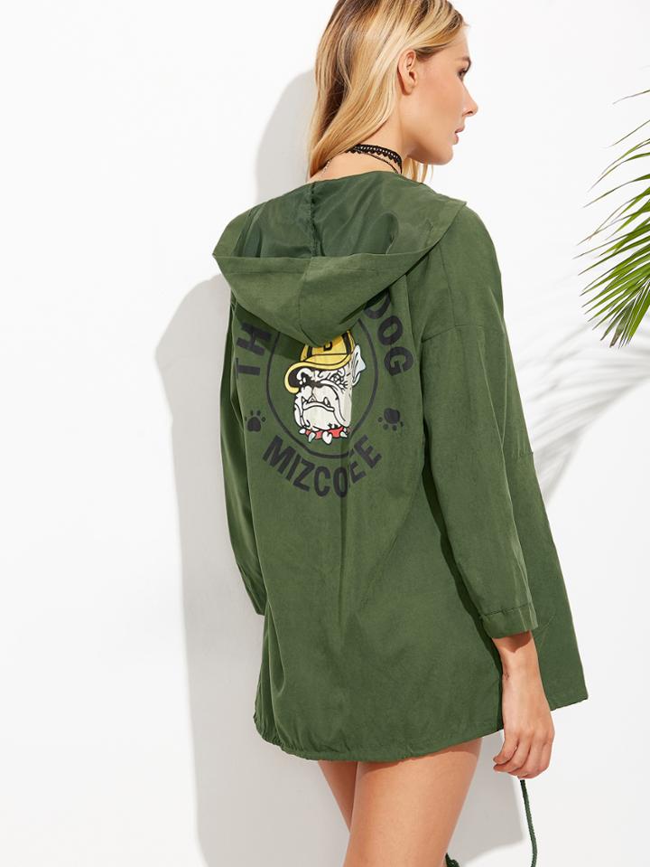 Romwe Army Green Dog Print Drawstring Hem Hooded Coat
