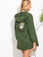 Romwe Army Green Dog Print Drawstring Hem Hooded Coat