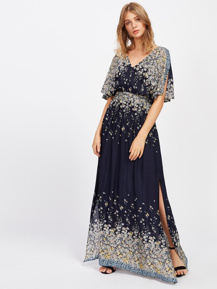 Romwe Plunging V-neckline Tie Waist Maxi Dress
