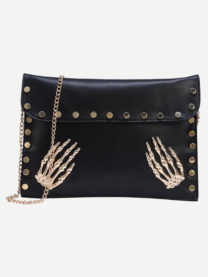 Romwe Black Metal Skeleton Hand Accent Studded Clutch Bag
