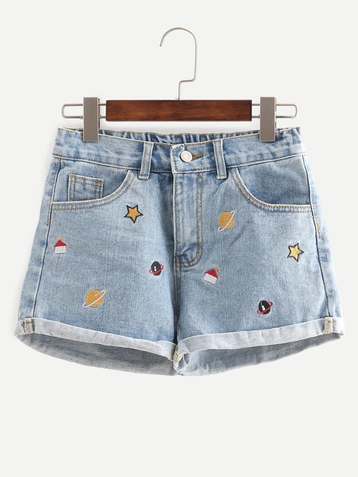 Romwe Blue Embroidered Cuffed Denim Shorts