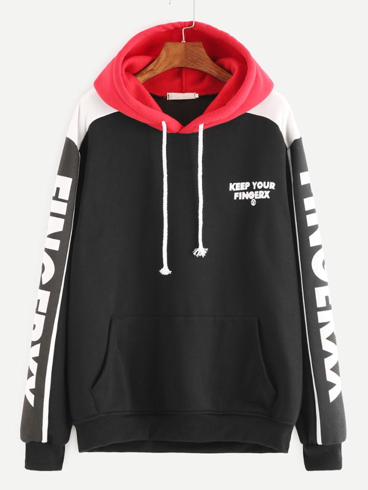Romwe Black Contrast Letter Print Drawstring Hooded Pocket Sweatshirt