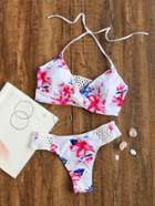 Romwe White Floral Print Hollow Out Detail Bikini Set