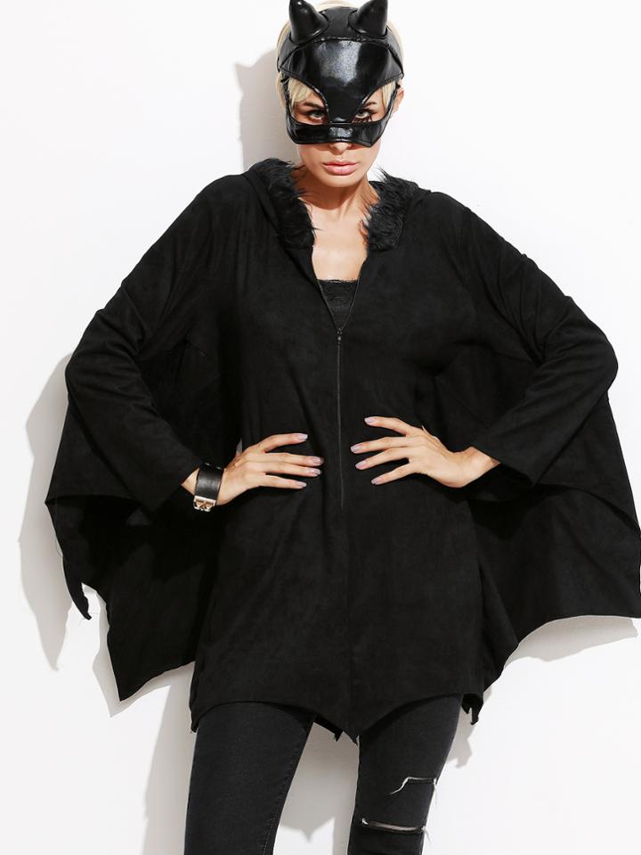 Romwe Black Zipper Hooded Coat Halloween Costumes With Batwing Sleeve