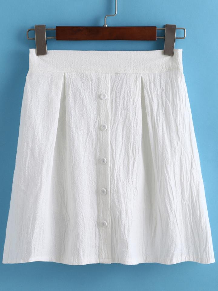 Romwe Single-breasted Pleated White Skirt