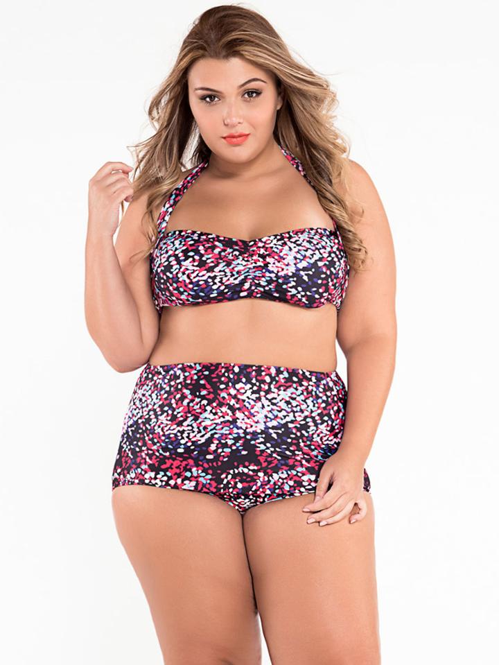 Romwe Multicolor Dot Print Halter Neck Plus Size Bikini Set