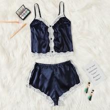 Romwe Lace Trim Satin Cami Top With Shorts