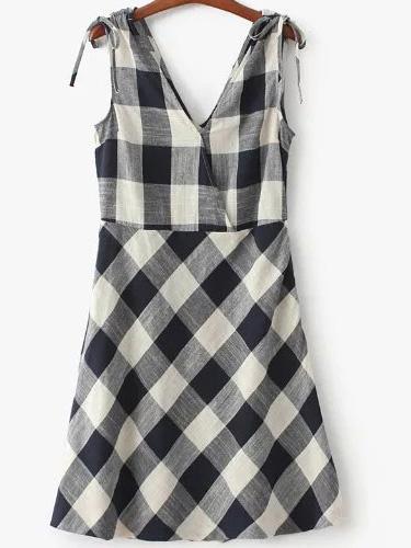 Romwe Gingham Plaid V Neck Tie Dress