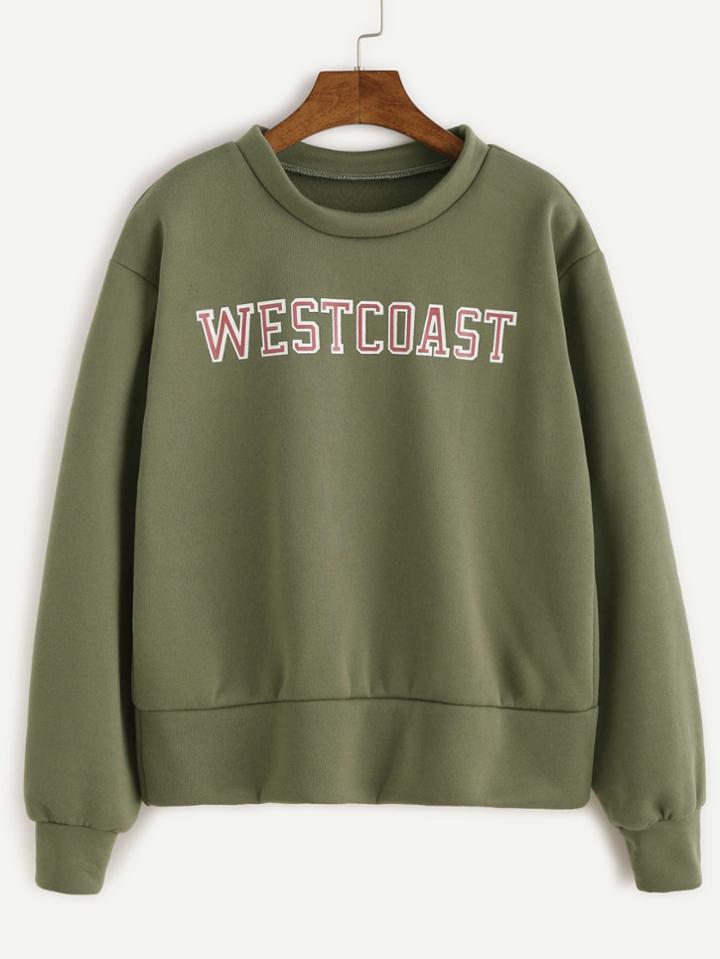 Romwe Army Green Letter Print Sweatshirt