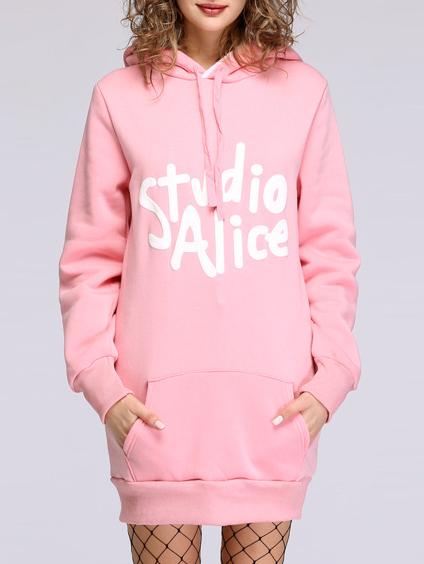Romwe Hooded Drawstring Letter Print Pink Sweatshirt Dress