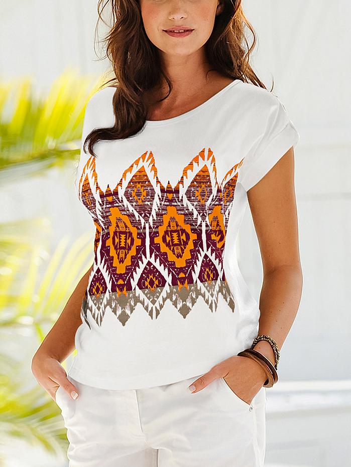 Romwe White Tribal Print Roll Sleeve T-shirt