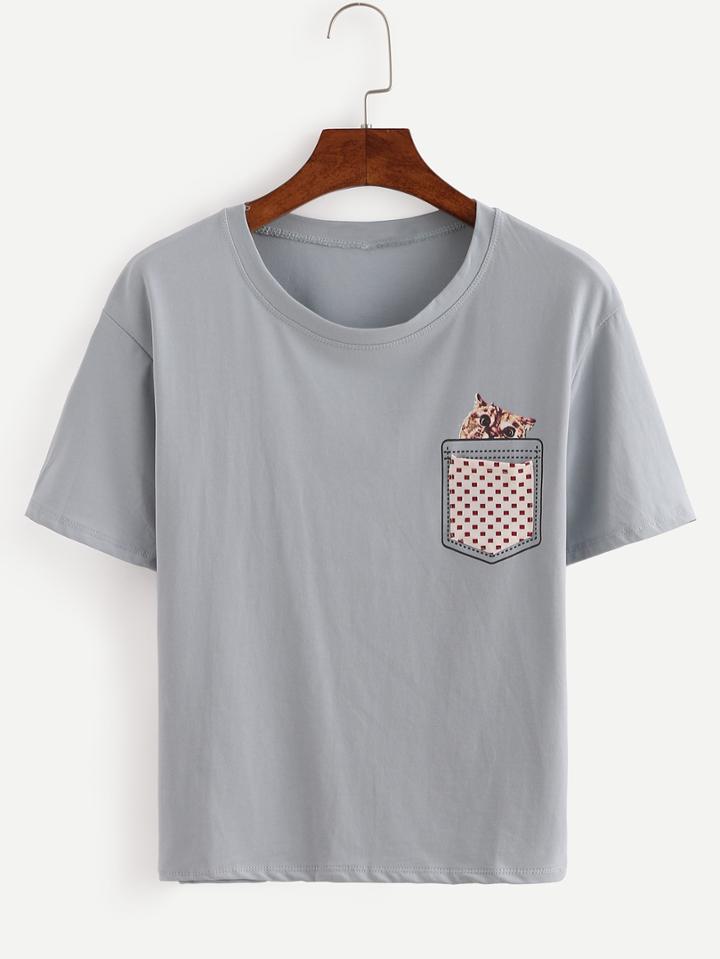 Romwe Cat Print Pocket T-shirt - Blue