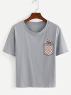 Romwe Cat Print Pocket T-shirt - Blue