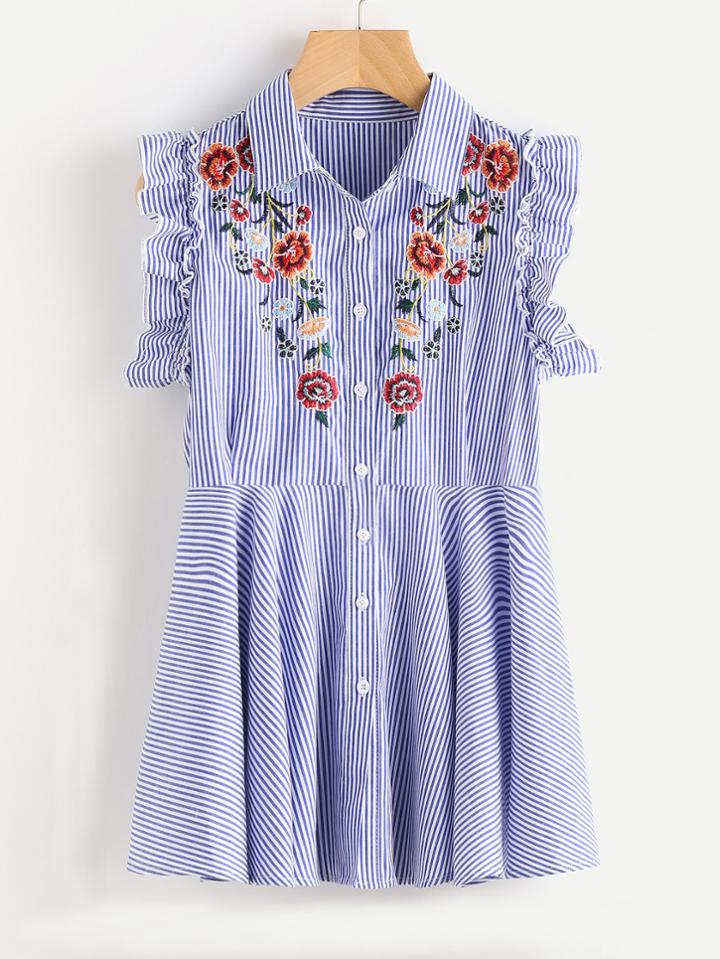 Romwe Embroidered Yoke Frilled Armhole Fit And Flare Blouse