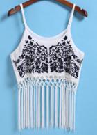 Romwe Spaghetti Strap With Tassel Embroidered White Cami Top