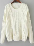 Romwe Cable Knit Fringe White Sweater