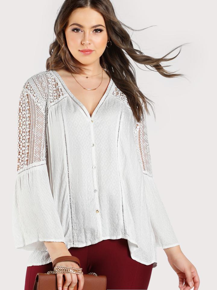 Romwe Lace Detail Button Up Blouse