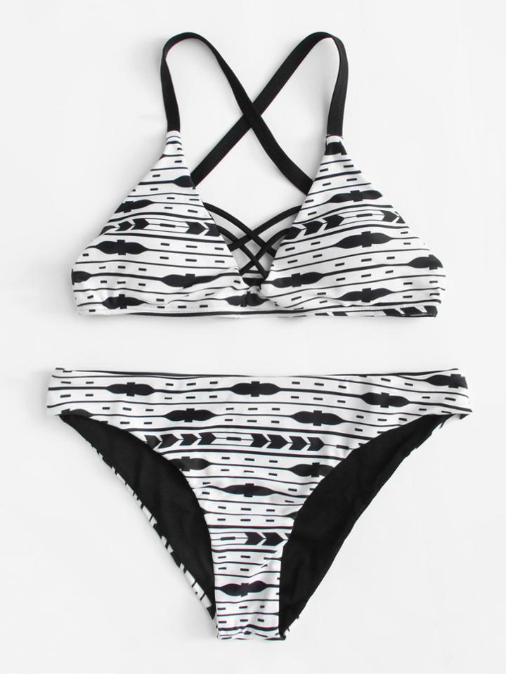 Romwe Criss Cross Striped Bikini Set