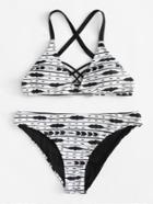 Romwe Criss Cross Striped Bikini Set