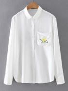 Romwe White Shirt Sleeve Lapel Embroidery Buttons Blouse