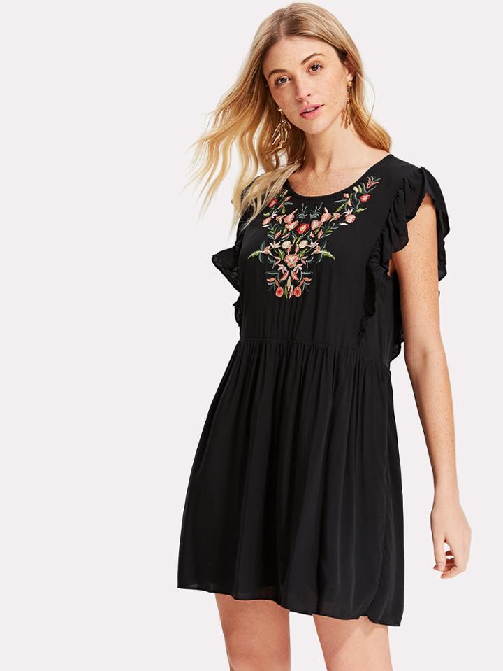 Romwe Embroidered Yoke Layered Ruffle Smock Dress