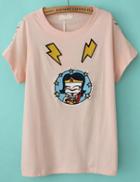 Romwe Cartoon Lightning Pattern Pink T-shirt