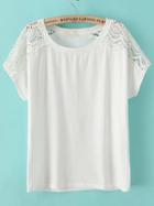 Romwe White Round Neck Hollow Lace T-shirt