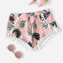 Romwe Palm Print Pom Pom Trim Beach Shorts