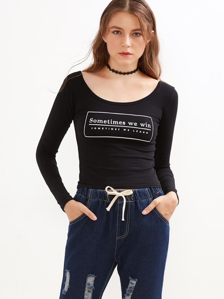 Romwe Black Letters Print Scoop Neck Crop T-shirt