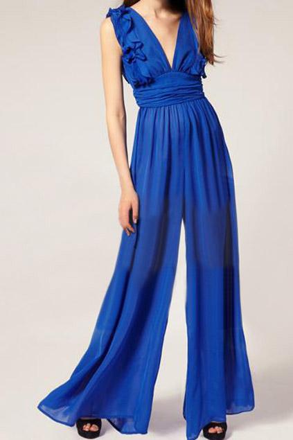 Romwe Romwe Cut-out Flouncing V-neck Sleeveless Blue Maxi Jumpsuit