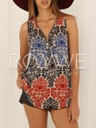 Romwe Black Sleeveless V Neck Floral Print Tank Top