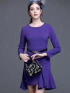 Romwe Purple Round Neck Long Sleeve Drawstring Dress