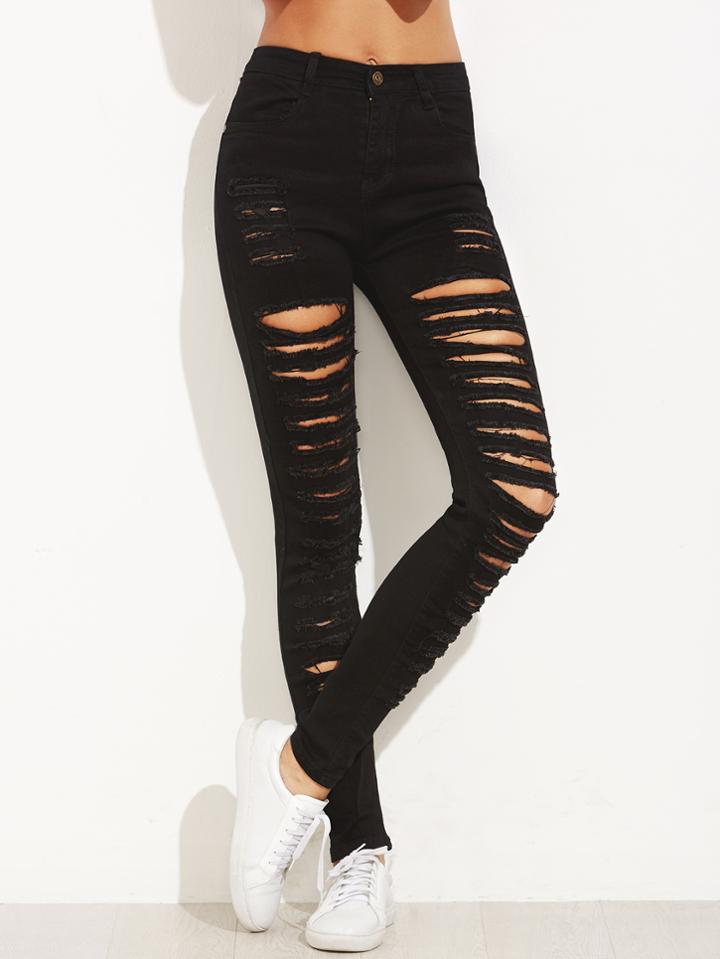 Romwe Black Extreme Ripped Skinny Jeans