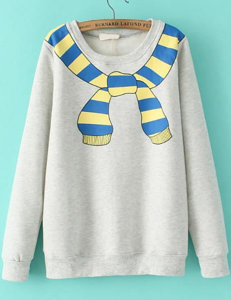 Romwe Scarf Print Loose White Sweatshirt