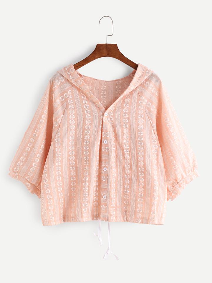 Romwe Pink Printed Drawstring Hooded Blouse