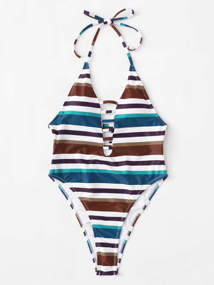 Romwe Ladder Cut Out Striped Swimsuit