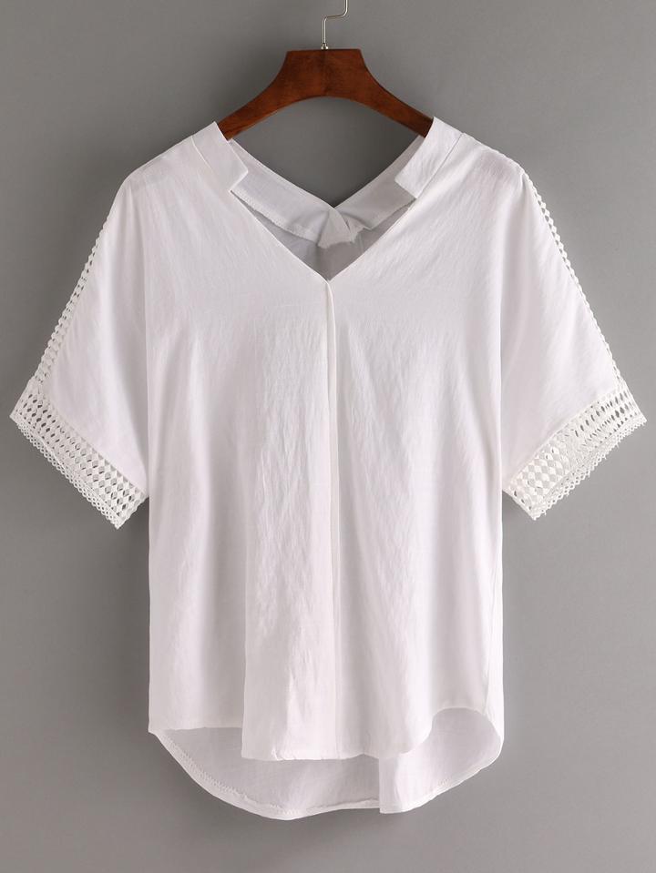 Romwe Lace Trimmed Double V-neck Blouse - White