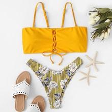 Romwe Lace-up High Leg Random Floral Bikini Set