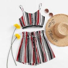 Romwe Single Breasted Striped Top With Drawstring Shorts