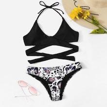 Romwe Wrap Halter Top With Leopard Bikini Set