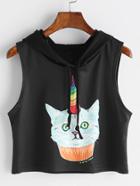 Romwe Black Cat Print Drawstring Hooded Tank Top